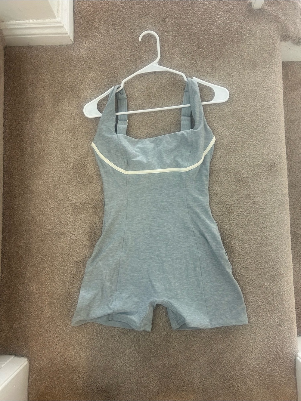 Sleeveless Heather Gray Romper with Cream Trim